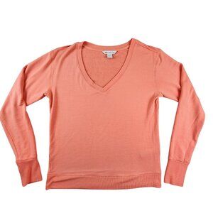 ATHLETA‎ Sunrise V-Neck Sweatshirt Sz Small Peach Top Thumbholes Athleisure Cozy